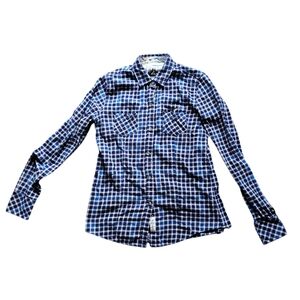 Pladra Plaid Blue White Western USA Soft Flannel Cotton Shirt Size S